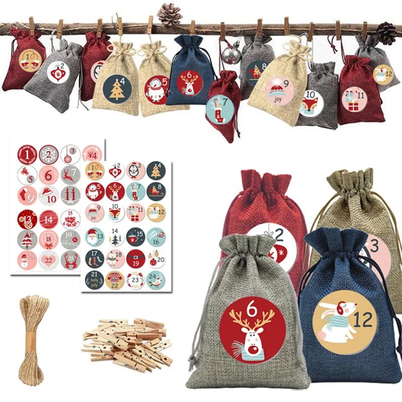 Volumoon Sac Calendrier de L'avent à Remplir, Calendrier de l'Avent en Tissu 14x10cm, 48 Autocollants, 24 Pince en Bois, Corde de Chanvre 10m, Sacs Surprise Noël Cadeau Decoration Noel Enfant Cadeau Volumoon Sac Calendrier de L'avent à Remplir, Calendrier de l'Avent en Tissu 14x10cm, 48 Autocollants, 24 Pince en Bois, Corde de Chanvre 10m, Sacs Surprise Noël Cadeau Decoration Noel Enfant Cadeau