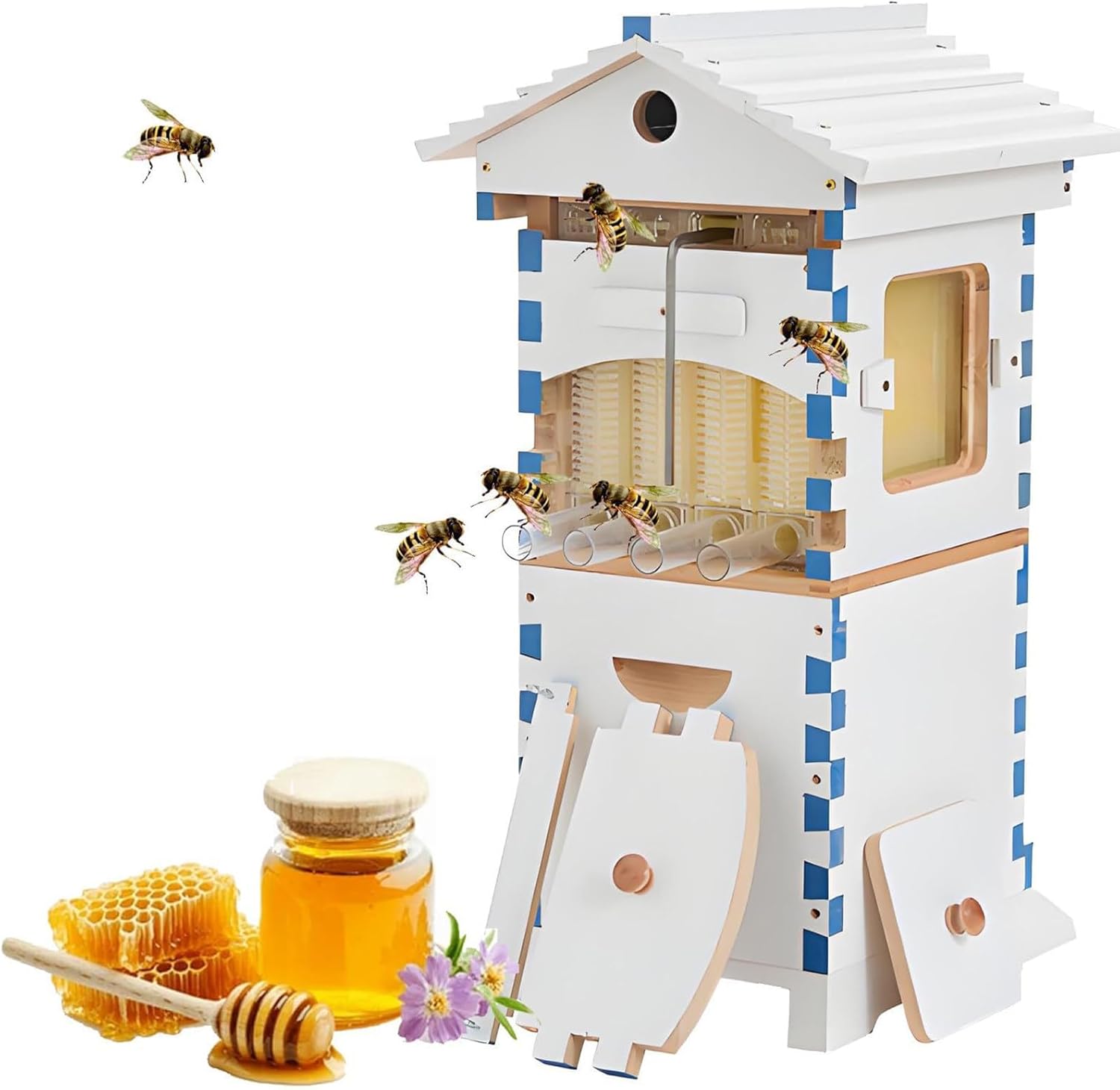 Flow Hive Beehive Starter Kit Complete Bee Box with Observation Window & Honey Spout Bee Hive for Beekeeping Includes 4 Frames & 6 Honeycomb Trays for Garden Pollinators