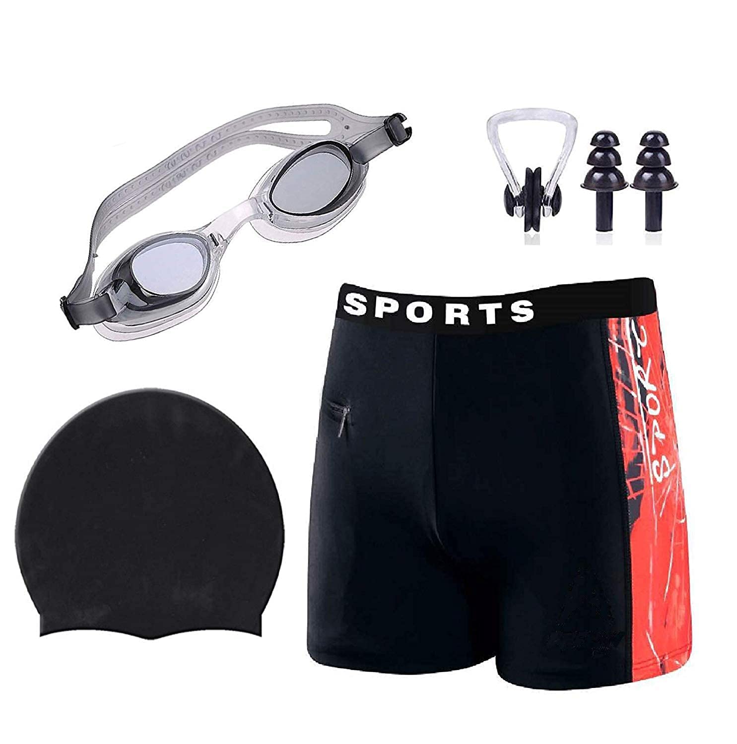 SVNFOXX Men's Nylon Swimming Combo Kit of Regular Fit Swimming Short, Goggles, Silicone Cap, 2 Pcs Ear Plugs, 1 Nose Clip, Swimming Suit [24-28 Waist Size, Black]-image-11
