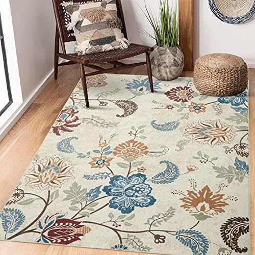 ROYHOME Large Machine Washable Area Rug for Living Room Modern Floral Area Rug Non Slip Non Shedding Vintage Boho Flower Area Rug for Kitchen Bedroom Dining Room, 8'x10', Multi-Color