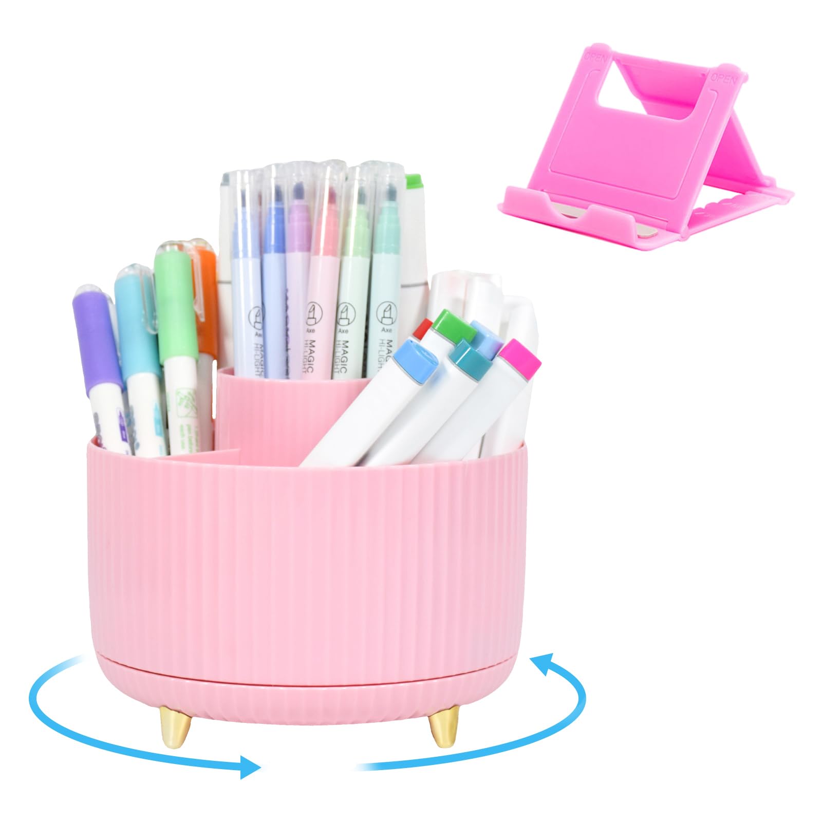 Marte Vanci Pen Holder for Desk, 360° Rotating Desk Organiser, 5 Compartments Makeup Brush Holder, Desktop Pencil Stationery Art Supplies Storage Tidy with Phone Stand for Office School Home Pink
