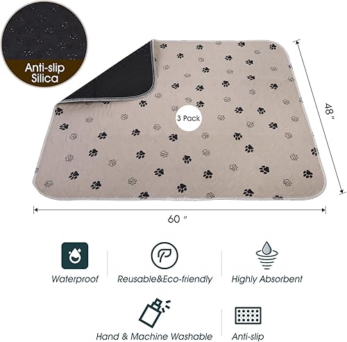 Miniatura 2 de Naivees 3 almohadillas lavables para orina para mascotas de 48 x 60 pulgadas y guantes de aseo para mascotas, almohadillas reutilizables para orina