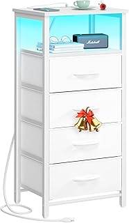 Yoobure Night Stand - LED White Nightstand with Charging Station, Bedsid...