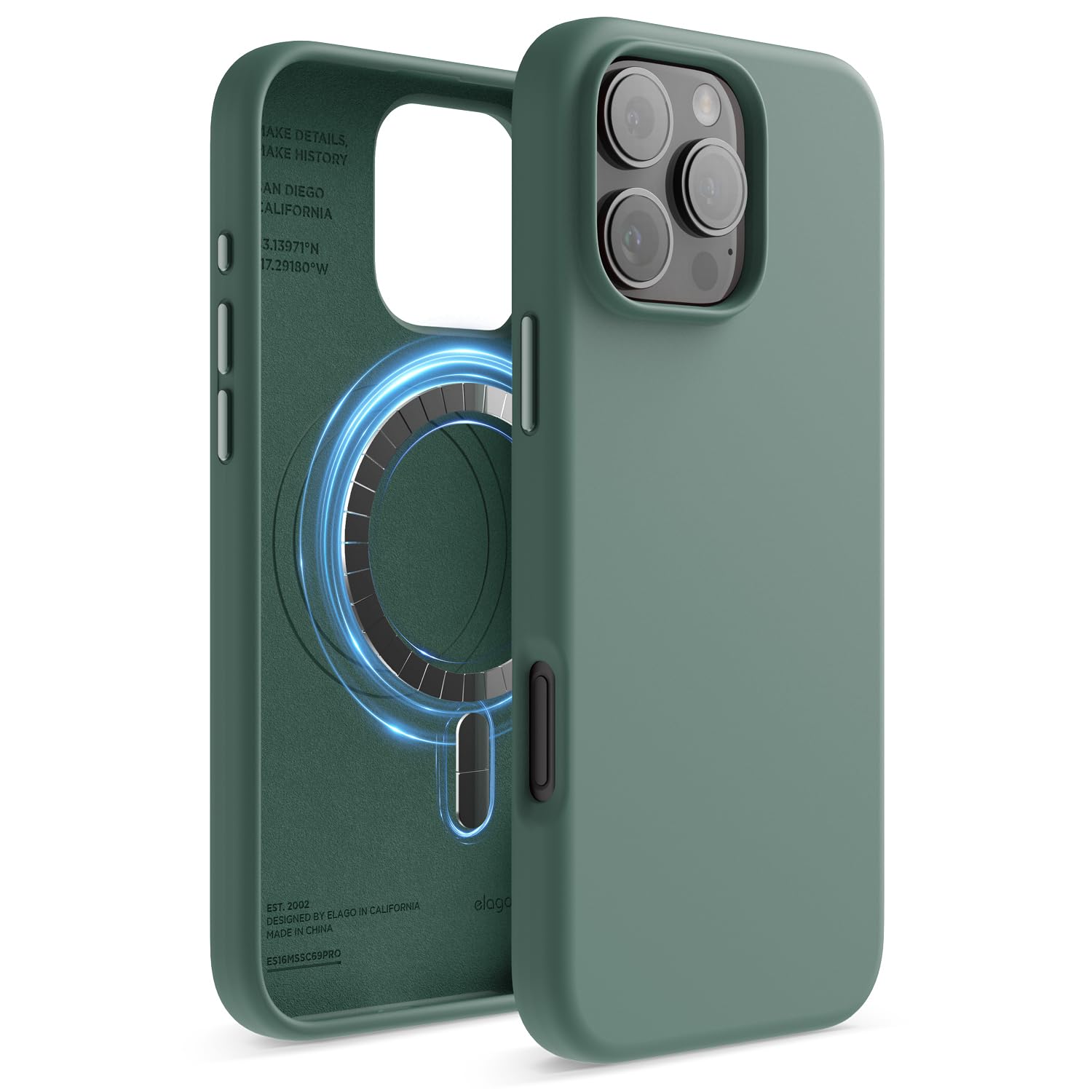 elago Cover Magnetica in Silicone Compatibile con iPhone 16 Pro Max Cover 6.9 pollici Compatibile con tutti gli accessori MagSafe - Magneti Integrati, Silicone a Presa Morbida, Antiurto (Notte Verde)