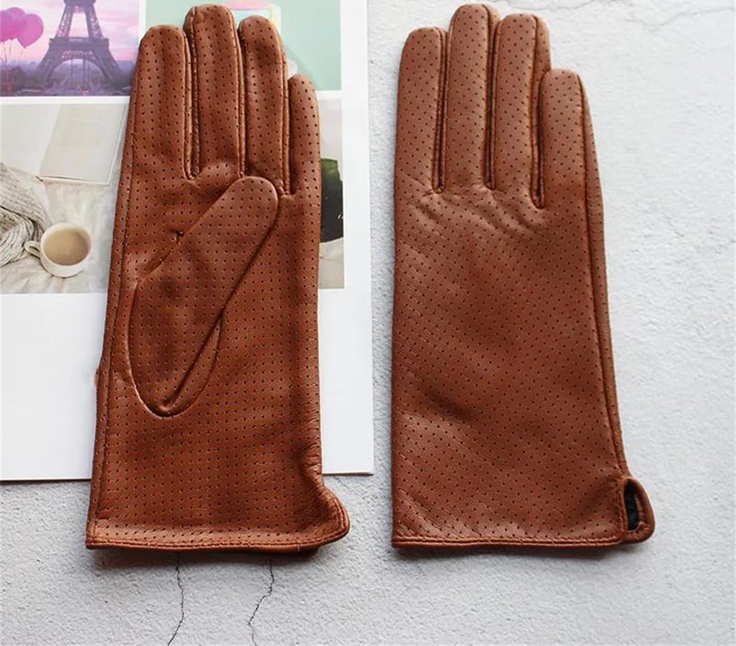 Guantes de conducción de piel de oveja para mujer, con forro de seda fina, para verano, motocicleta, protección solar, guantes antideslizantes