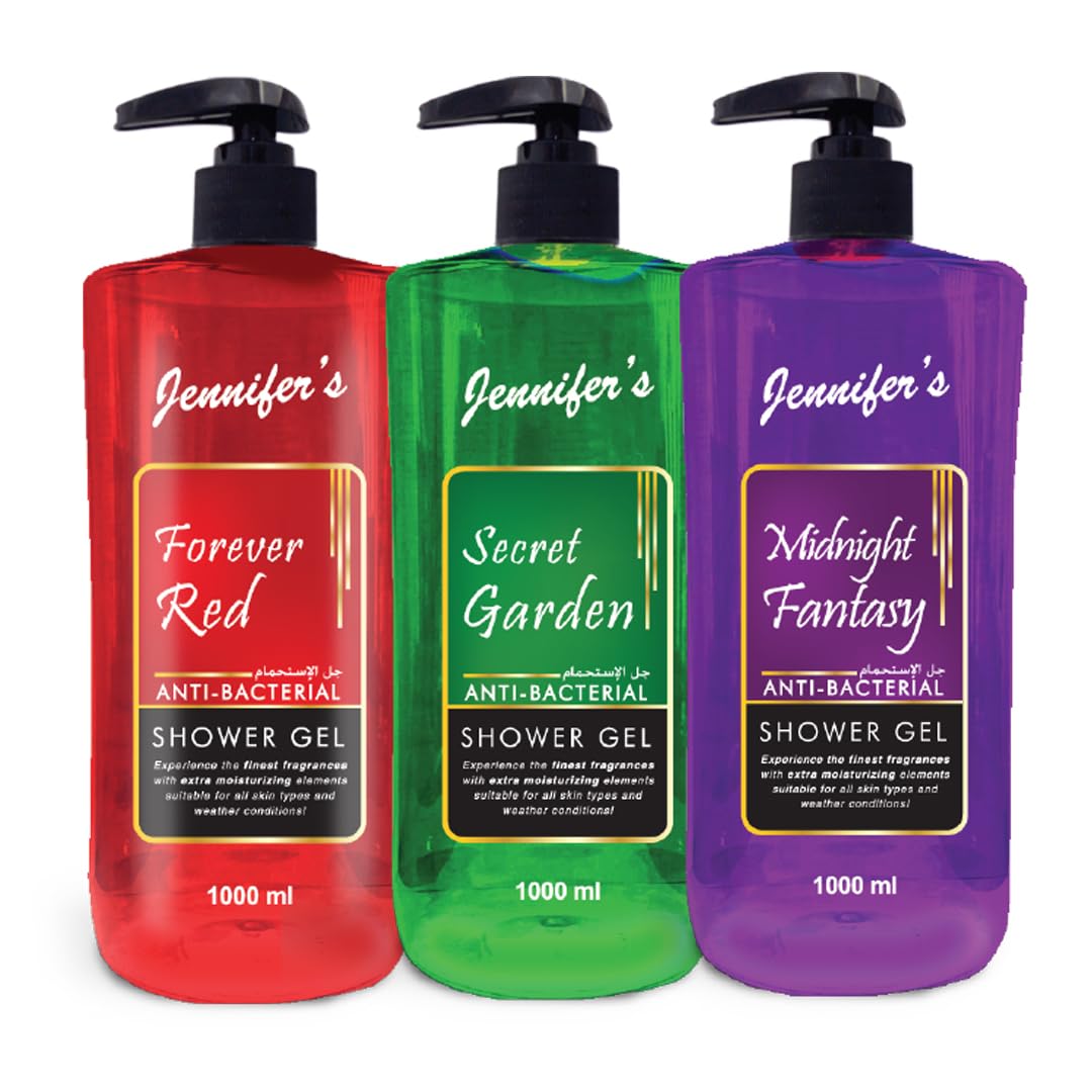 Jennifer's Assorted Anti-Bacterial Shower Gel 1 Liter (Pack of 3) - Extra Moisturizing, Suitable for All Skin Types & Weather Conditions 3 Liters
