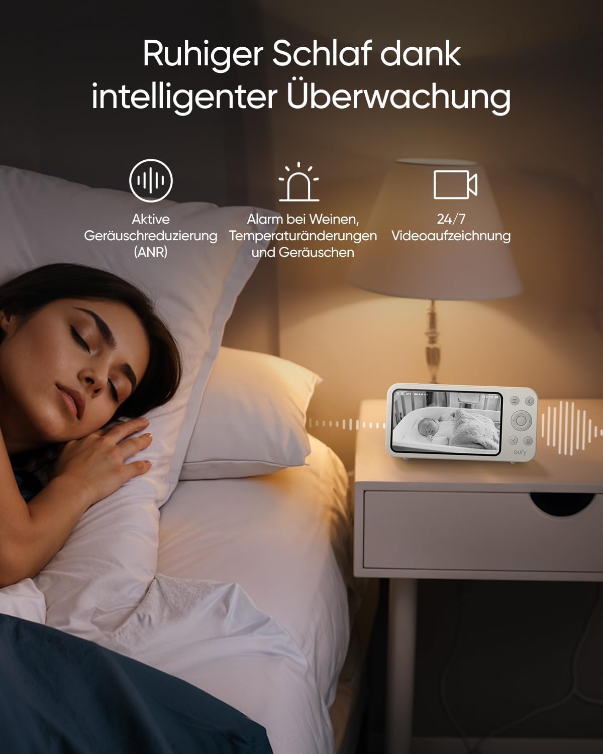 Kamera do monitorowania niemowląt, eufy E20, niania elektroniczna, rozdzielczość 2K, wyświetlacz 5 cali (720p), połączenie hybrydowe, sterowanie przez Wi-Fi i bez Wi-Fi, funkcja obrotu i pochylenia