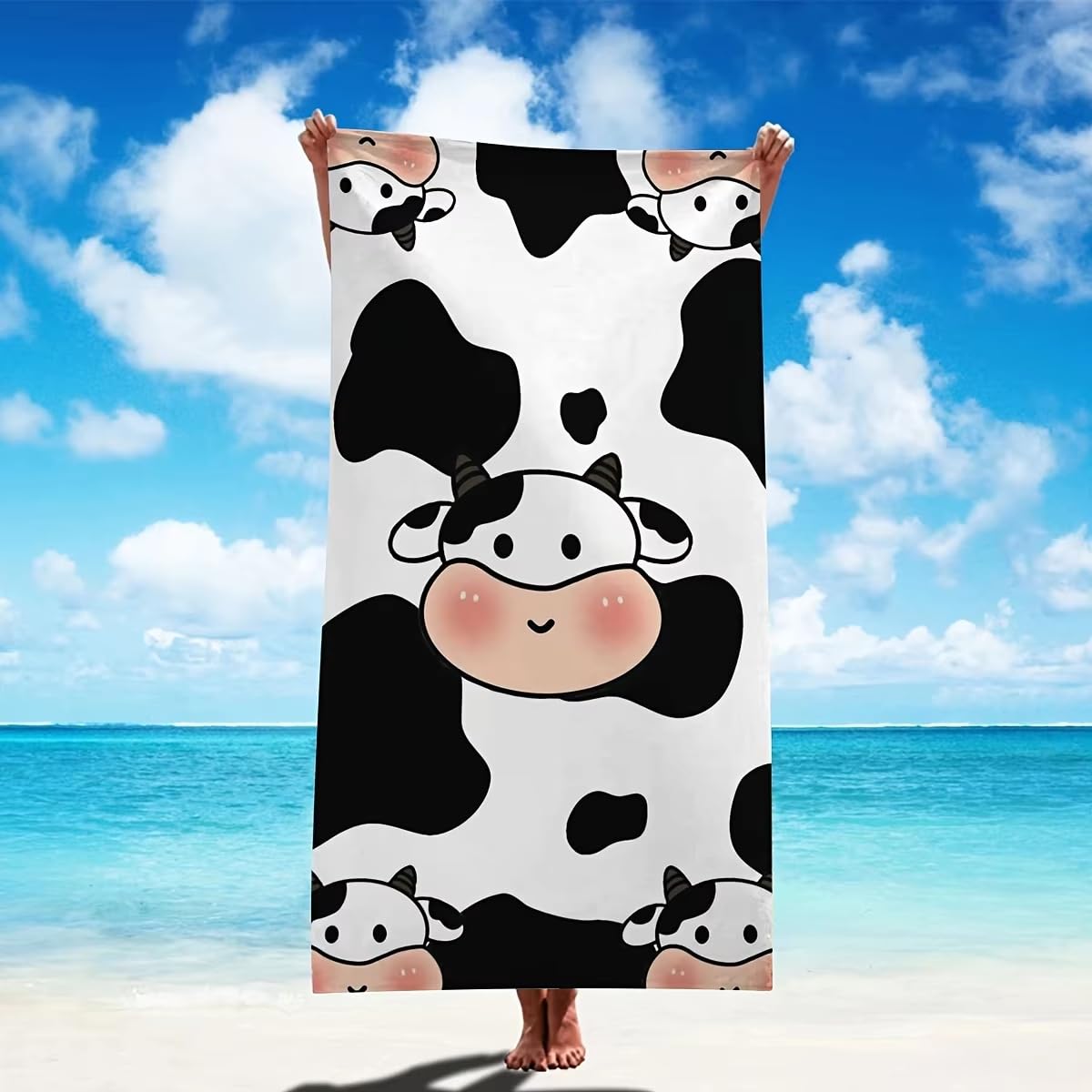 Ręcznik kąpielowy z uroczym nadrukiem krowy - ultramiękki, szybkoschnący, oddychający, wygodny design, na letnie wibracje i dni na plaży (100 x 200 cm/39 x 79)