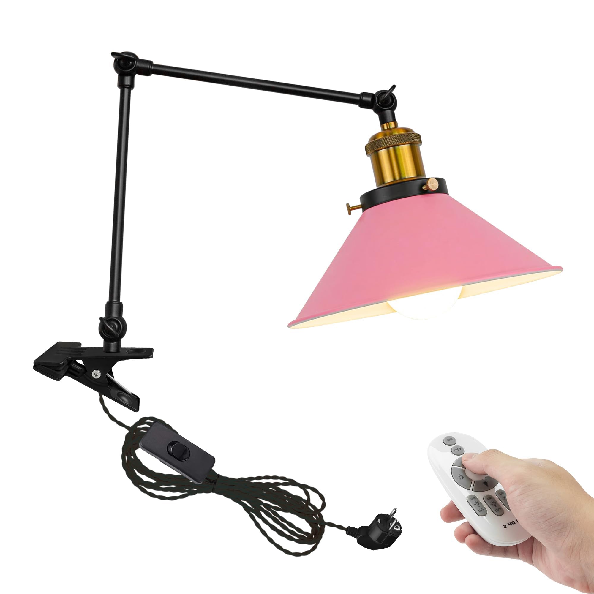 Industrial Klemmleuchte mit Fernsteuerung, Einstellbar Clip auf Schreibtisch Leselampe,Dimmbar Clamp Nachttischlampe mit Flexarm für Schreibtisch Nachttisch Regal-Rosa TD0633