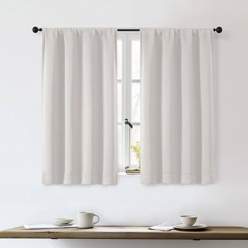 Sally Short Blackout Curtains for Bedroom Living Room 45 Inch Length 2 Panels Set, Solid Energy Saving Insulated Bathroom Window Treatment Curtains Drapes, W40 x L45, Natural