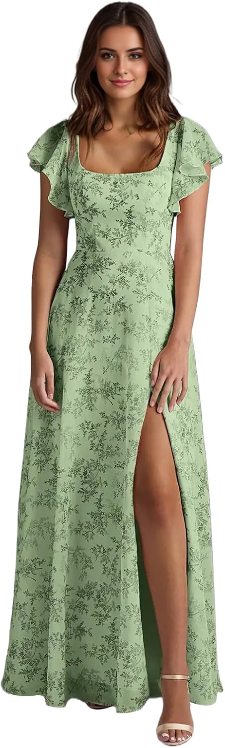 Chiffon Floral Bridesmaid Dress with Slit for Women A Line Long Formal Wedding Guest Gowns