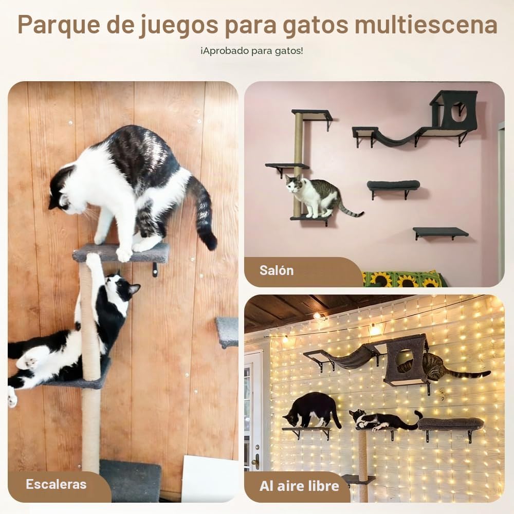 PawGiant Estantes 5 en 1 para gatos, juego de muebles de pared de madera para escalar gatos, con estante montado en la pared, postes rascadores de árbol para gatos y rascador para gatos de interior