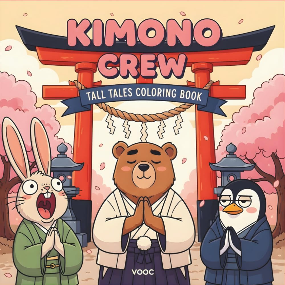 Kimono Crew: Tall Tales Coloring Book - Animal Friends with Cozy Japanese Culture - Onsen, Street Food, Festivals, Shrines and Slice-of-Life Moments Stress Relief Relaxation