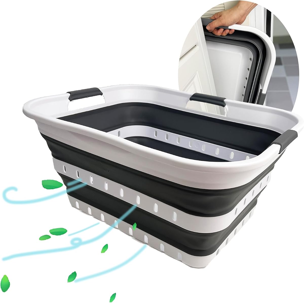 Collapsible Plastic Rectangular Laundry Basket - Foldable Pop Up Storage Container/Organizer - Portable Laundry Hamper - Space Saving (White/Steel Grey, 42L)