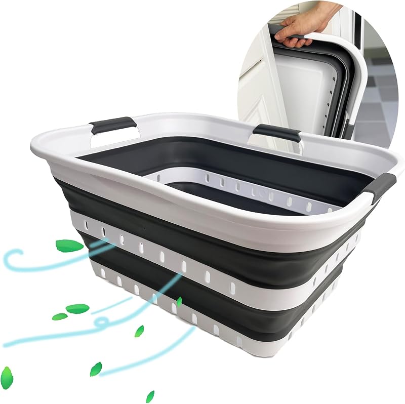 Collapsible Plastic Rectangular Laundry Basket - Foldable Pop Up Storage Container/Organizer - Portable Laundry Hamper - Space Saving (White/Steel Grey, 42L)