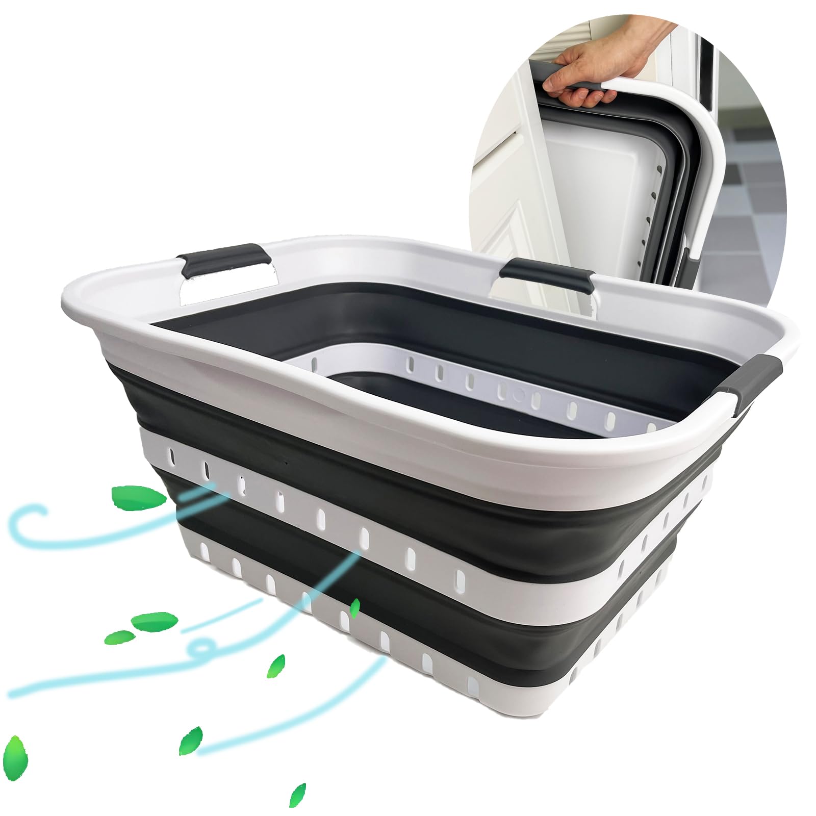 SAMMART 2er-Set 42L faltbarer Aufbewahrungskörbe/-behälter aus Kunststoff – zusammenklappbarer, platzsparender und tragbarer Wäschekorb, ideal für Zuhause, auf Reisen (2, Weiß/Stahlgrau)