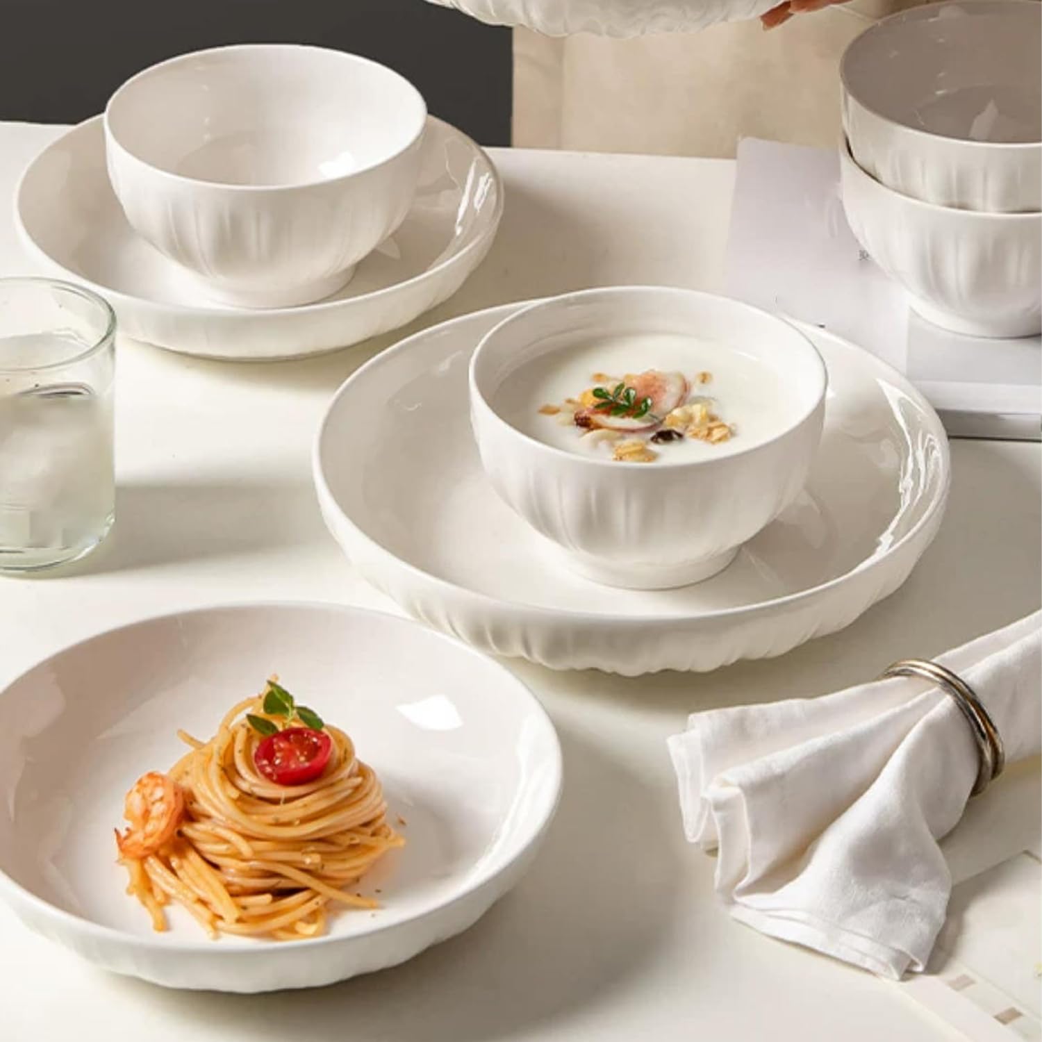Ensemble Assiettes et Bols Service de Table pour 6 Personnes Blanc