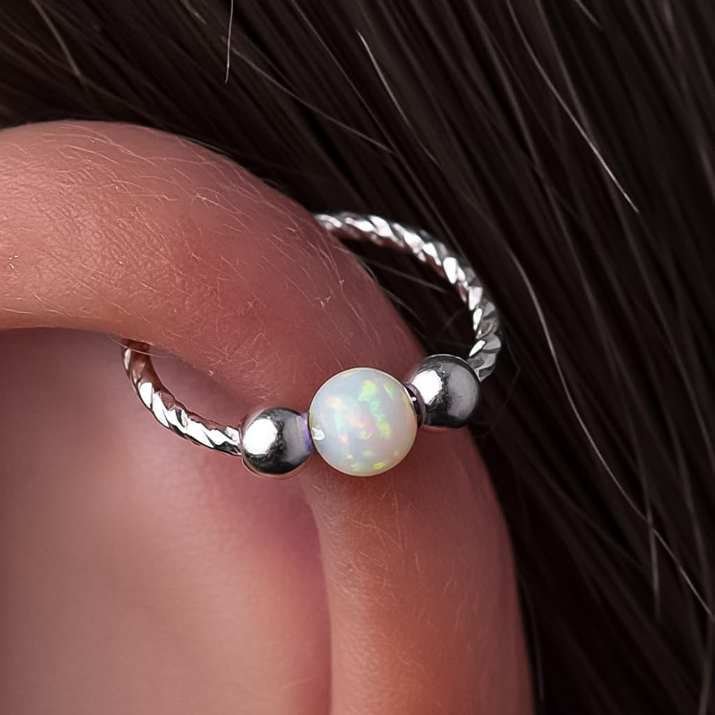 JOLIZ White Opal Cartilage Earrings for Women – 20 Gauge 925 Sterling Silver Huggie Hoop with 8mm Diameter and 3mm White Opal, Hypoallergenic Earrings, Helix Piercing Jewelry for Comfortable Wear - Image 2