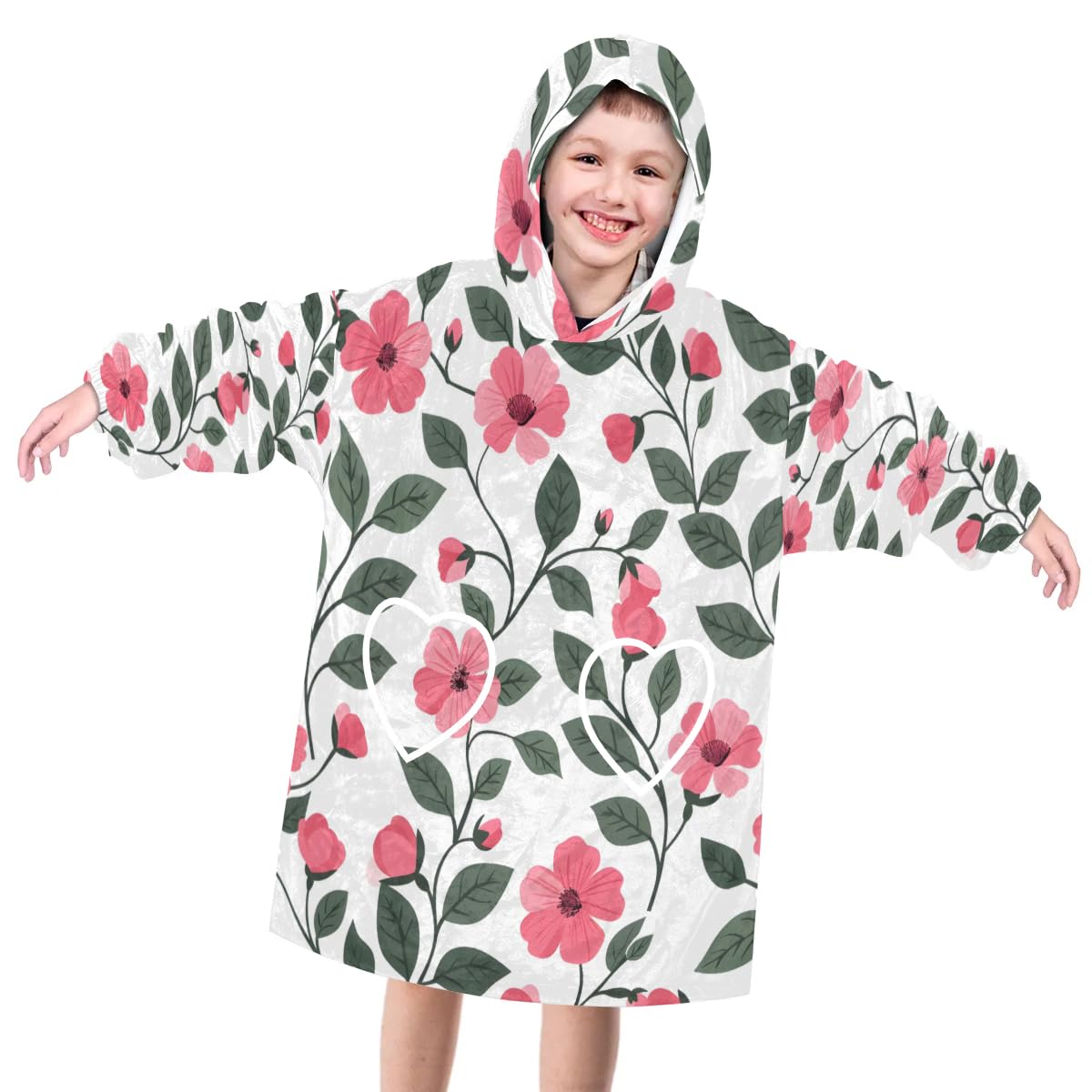 Pardick Wearable Blanket Hoodie for Kids, Bright Flowers Fleece Sweatshirt Blanket Oversized Blanket Sweatshirt with Pocket Flannel Warm Hooded Blanket 6-10 Year Old Girl Boy Gift, One Size