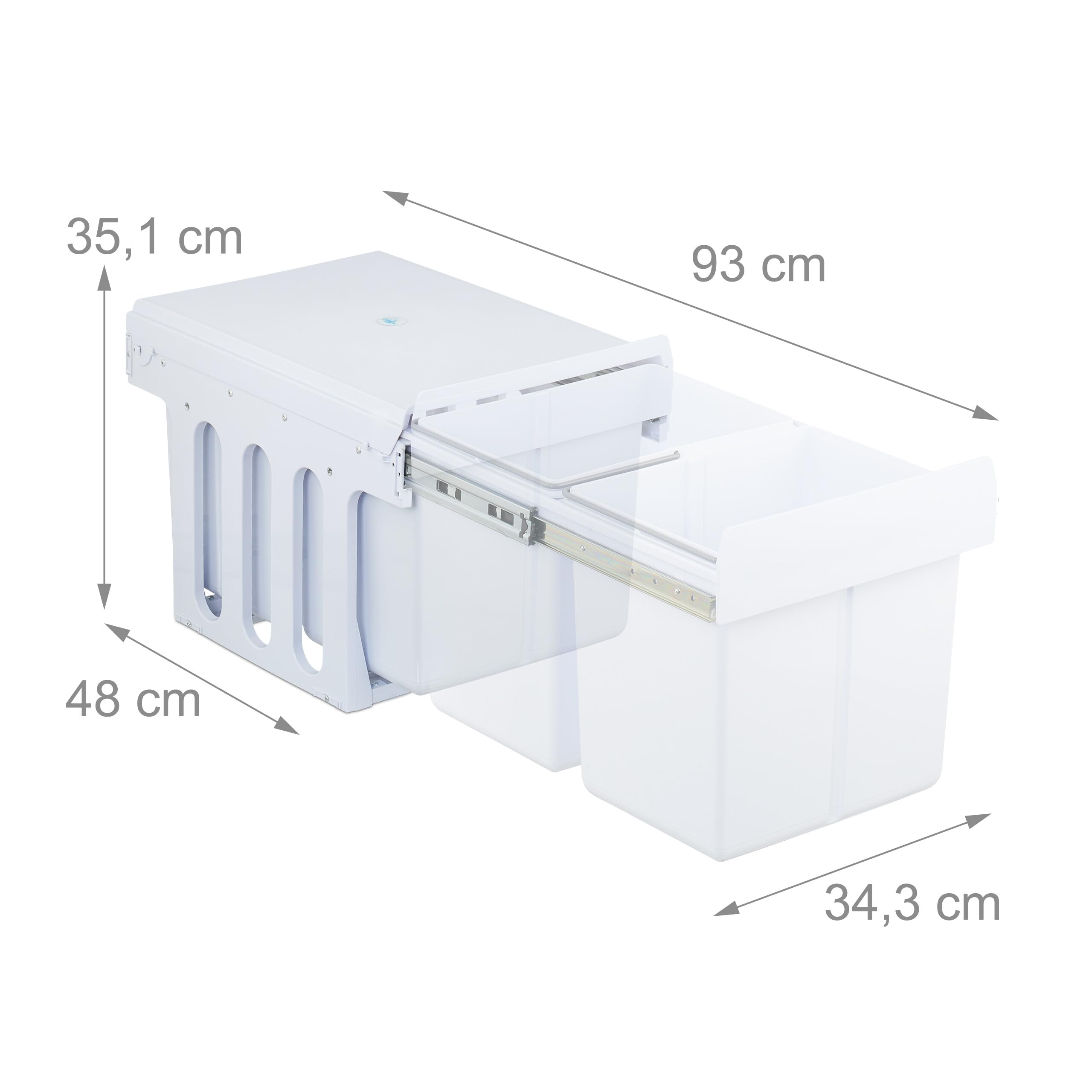 Relaxdays Kosz na śmieci do zabudowy, 2 przegródki, 2 x 15 l, wys. x gł.: 35,1 x 34,3 x 48 cm, wysuwany, system segregacji śmieci do szafki dolnej, biały