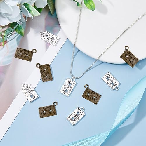 Miniatura 5 de DICOSMETIC 100 dijes retro de cinta de casete de 2 colores, colgantes de cinta texturizada, de aleación tibetana, dijes de casete de audio de