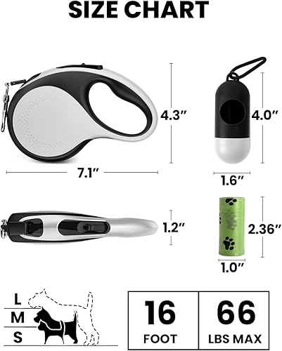 Miniatura 2 de Correa retráctil para perro con luz LED, correa recargable de 16 pies para perros pequeños y medianos de hasta 66 libras, 360 sin enredos, control