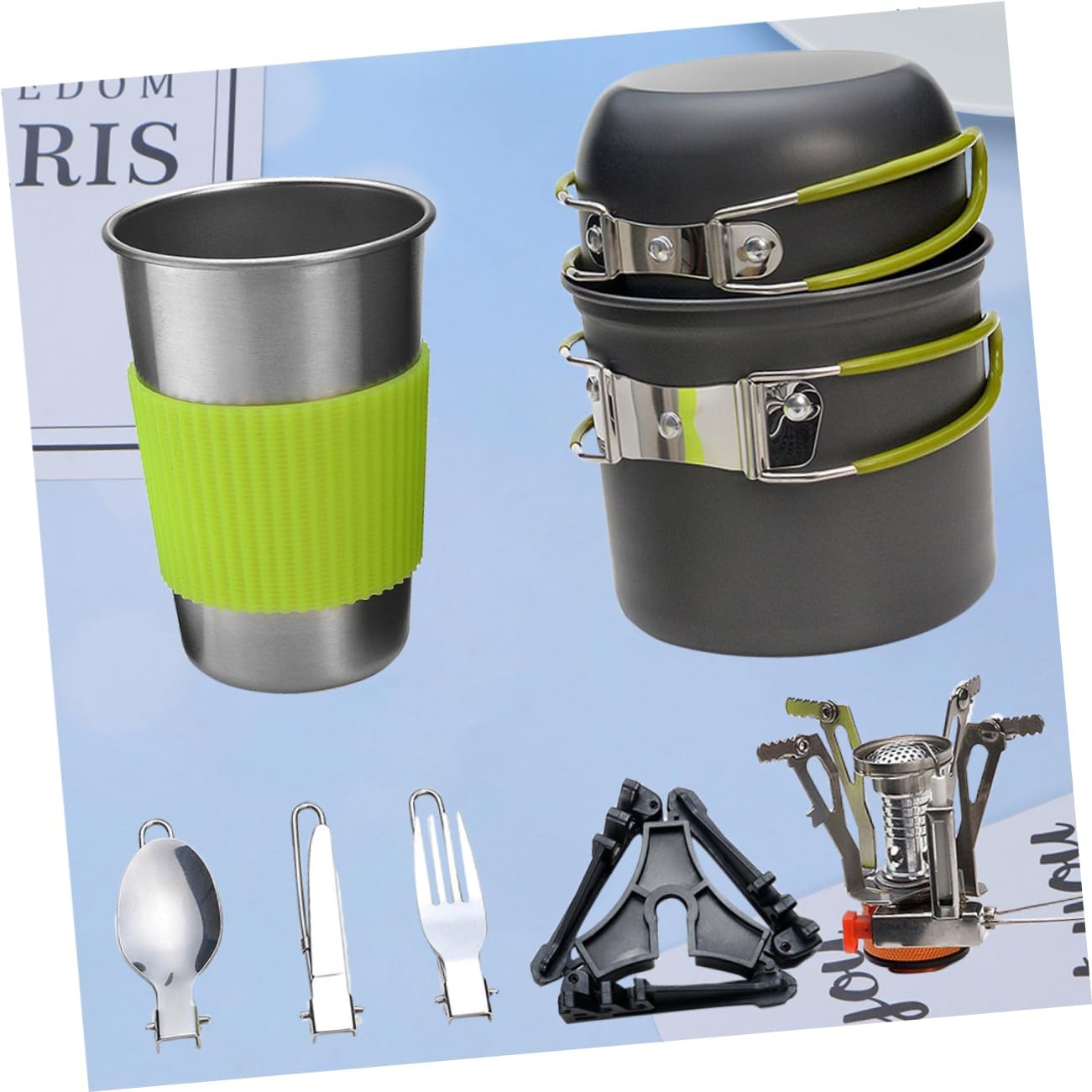 Gas Furnace Pot Set Camping Cookware for Outdoor Activities Lightweight Picnic Cooking Equipment Green Handle for Hiking and Family Gatherings