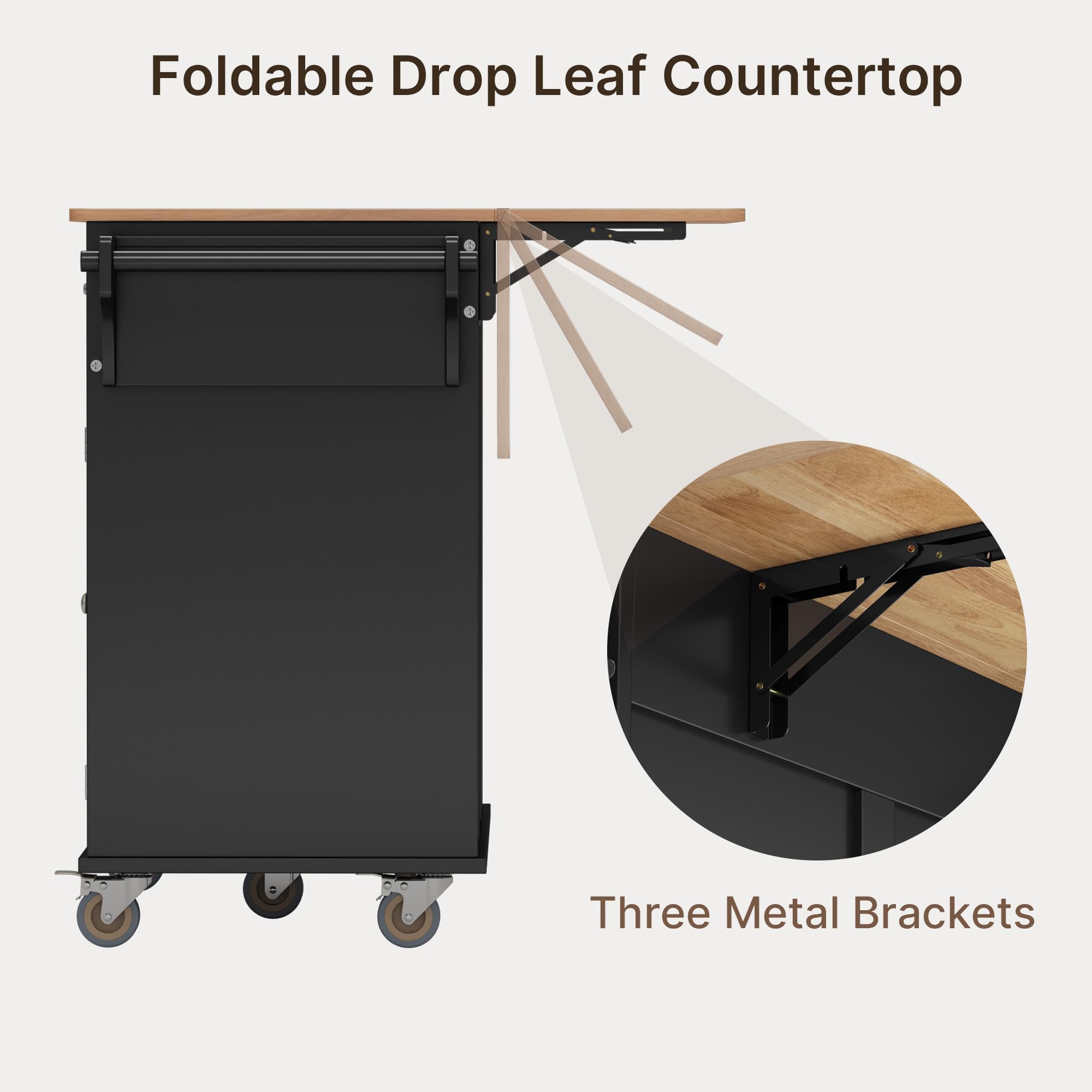 Xbro Îlot de Cuisine avec Emplacement pour Poubelle, Îlot de Cuisine sur roulettes, Meuble de Cuisine avec Plan de Travail Rabattable, Porte-Couteaux, Porte-Serviettes, 113 x 51 x 90 cm, Noir