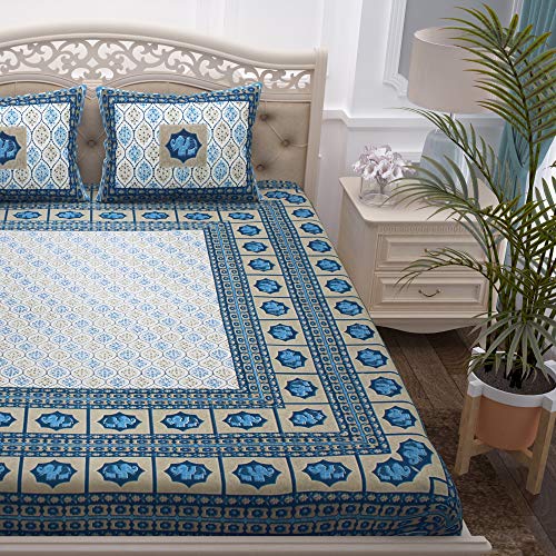 Image of Story@Home 100% Cotton Bedsheet for Double Bed with 2 Pillow Covers|90x108 Inch Ethnic Grey and Blue