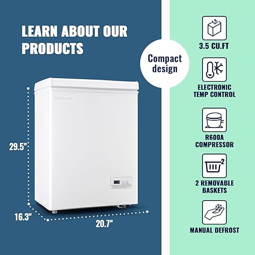 Miniatura 5 de Congelador de pecho de 3.5 pies cúbicos con 2 cestas extraíbles, mini congelador profundo, termostato electrónico (50  a -12 ) y tapa permanece