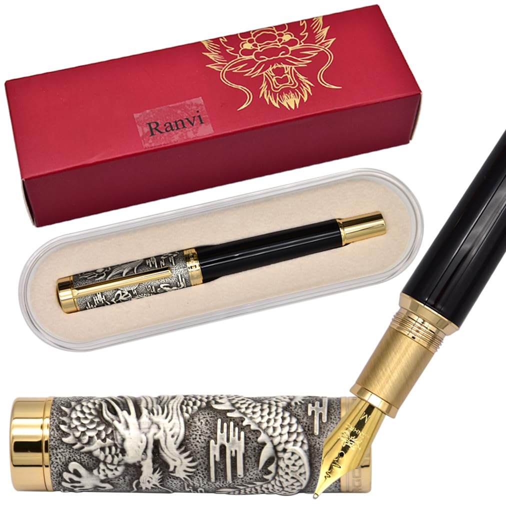 Ranvi Jinhao Dragon Fountain Pen,Medium Nib,Silver Dragon Stereoscopic Carving Cap Design,with Gift Box(Black)