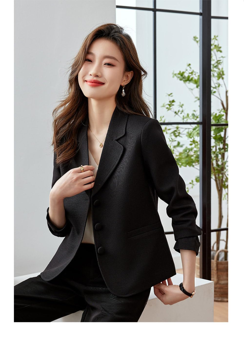 Blazer Damen Elegant,Kurzer Damen-Blazer, Langärmelig, Gekerbtes Revers, Anzugjacke, Eleganter Bolero-Cardigan, Weiße Knöpfe, Taschenmantel, Lässiger Abendanzug, Jacken, Business-Blazer-Anzug