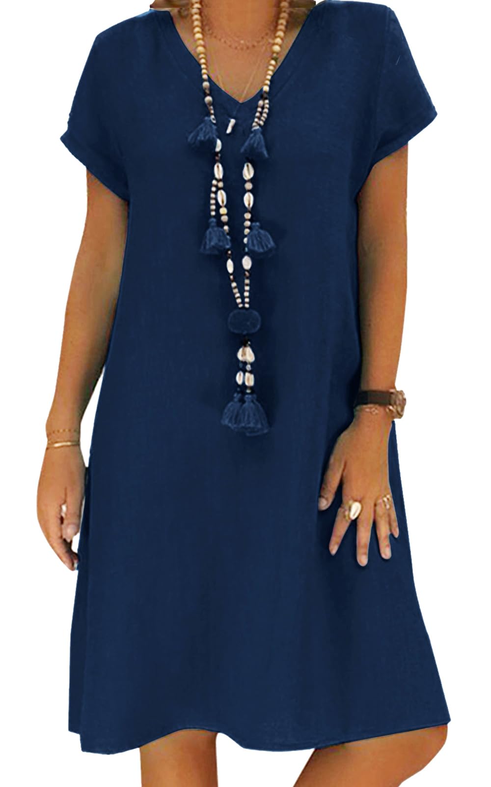 Tincini Vestido de verano para mujer, vestido de lino, informal, cuello en V, manga corta, vestido de playa, sin accesorios