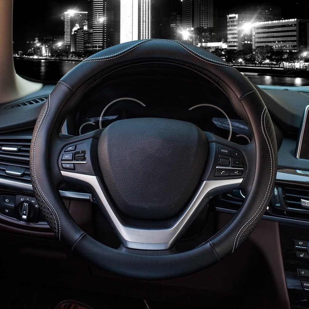 Valleycomfy Leather Steering Wheel Covers Universal 15.75 inch -Breathable, Anti Slip & Odor Free (Black with Blue Lines,L(15" 1/2-16"))