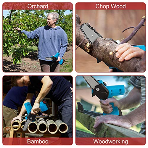 PANZHENG Upgrade Mini Chainsaw 4-Inch Cordless Electric Hand Chain Saw with Higher Power Motor Chainsaw for Tree Branch Wood Cutting - blue 680w (2 Batteries 2 Guide Bars and 2 Chains)