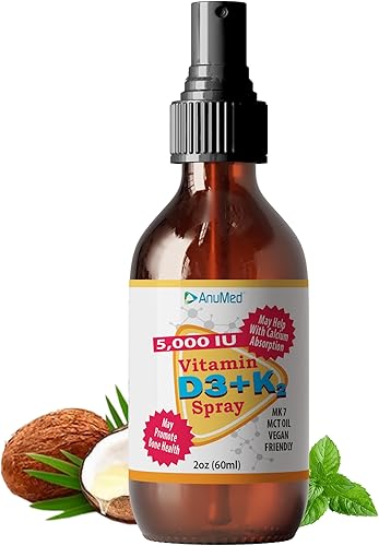 Spray líquido de vitamina D3 K2 de 5,000 UI con aceite MCT orgánico, vitamina A (retinol) 1250 mcg, K2 (MK4, MK7) promueve el corazón, los huesos,