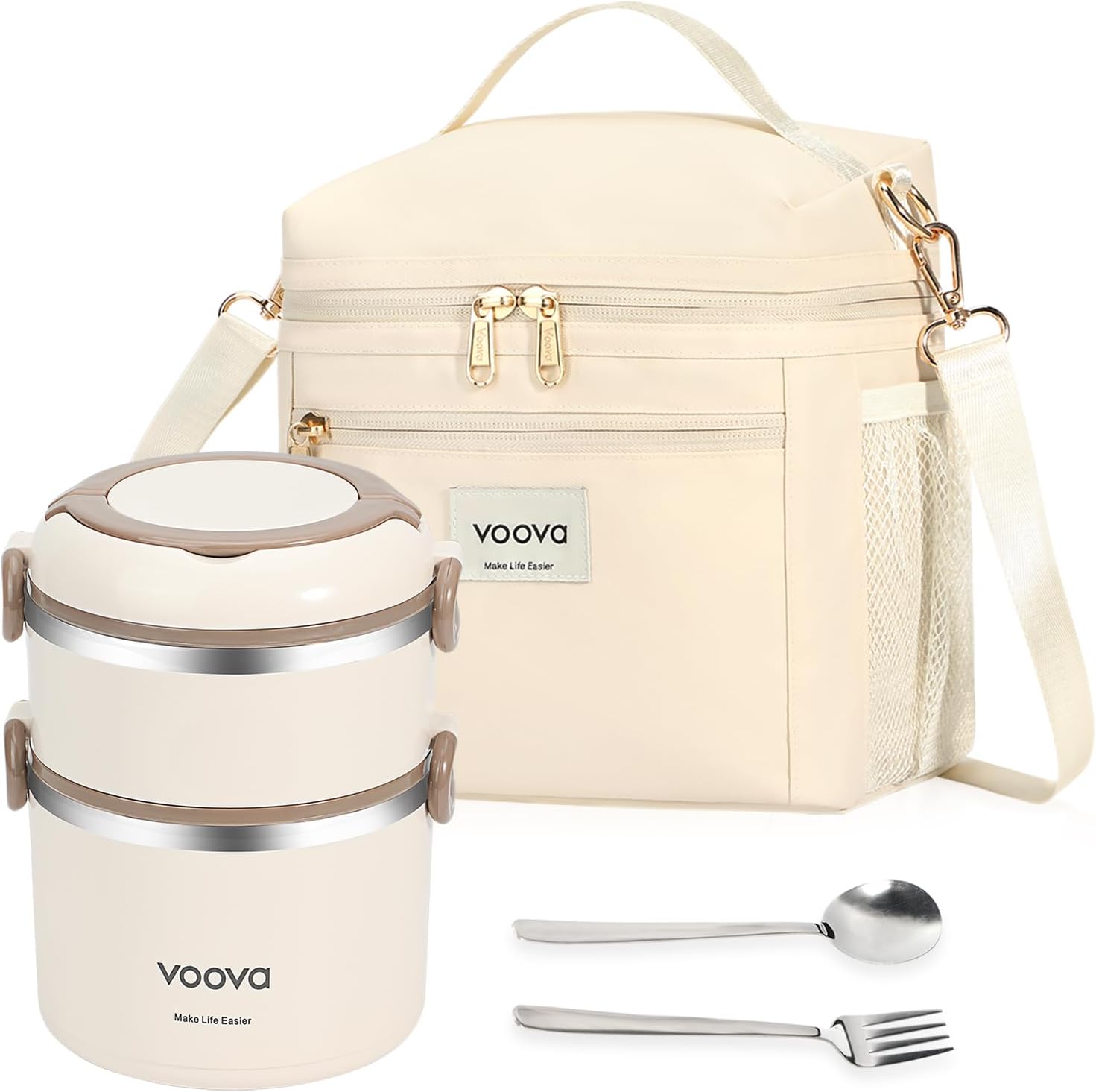 Voova Stackable Stainless Steel Thermal Lunch Box with Lunch Bag for Women Men Adult, 2 Tier Leakproof & Microwave Safe Insulated Bento Boxes Food Container for Work, Beige