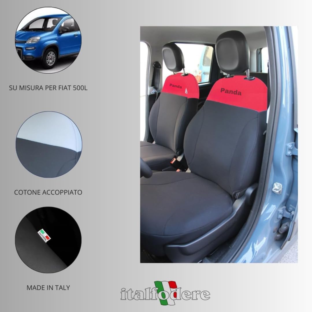 Italfodere - Accessori Auto - Coprisedili Auto Su Misura per Fiat Panda 2012 III Serie - Anteriori - In Cotone - Facile da Installare - Fatti a Mano - Made in Italy - Rosso/Nero