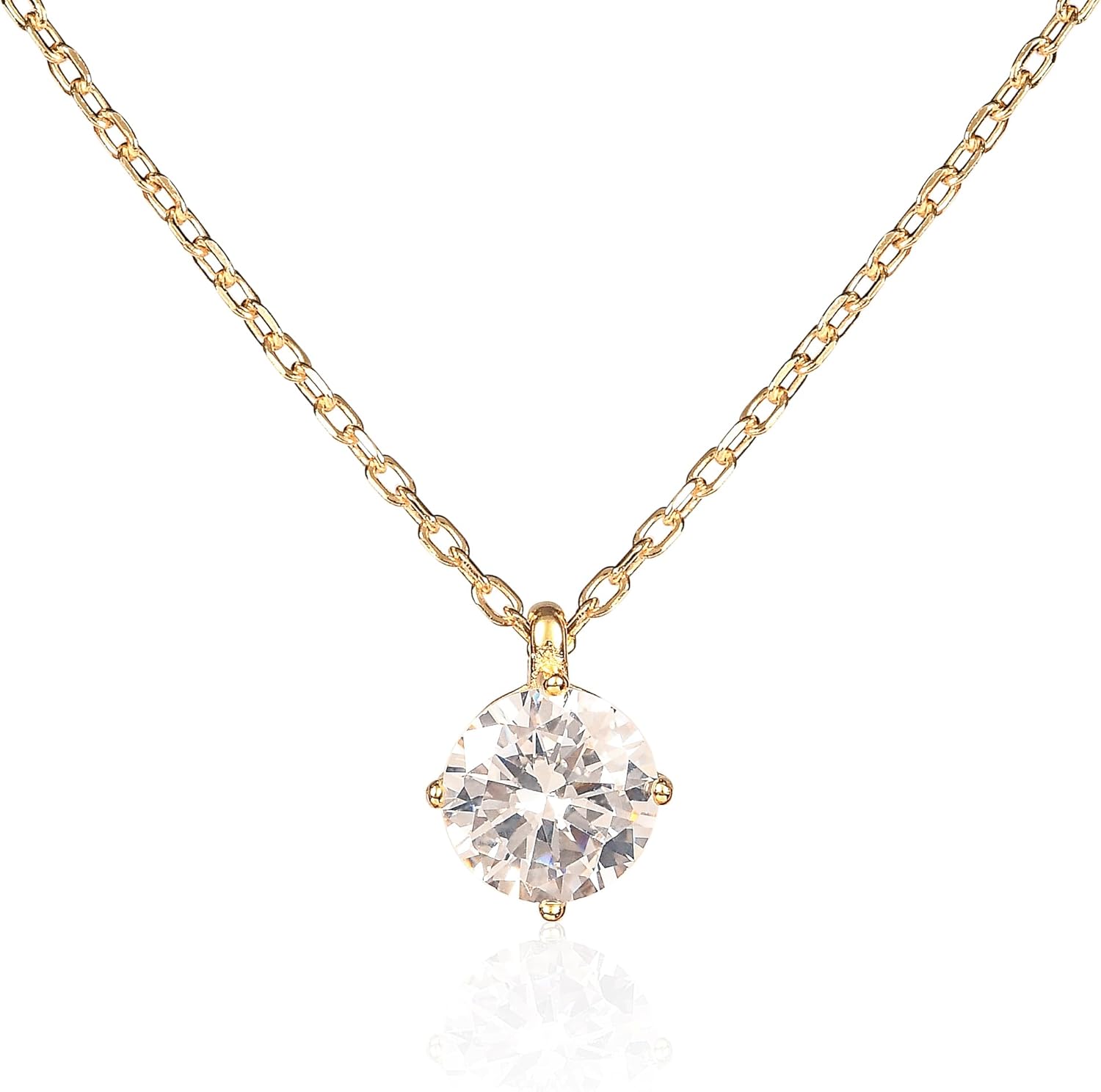 namana Dainty Silver or Gold Pendant Necklace for Women, Simple Solitaire Necklaces for Women in 925 Sterling Silver with Colored or Clear Round Cubic Zirconia Stones