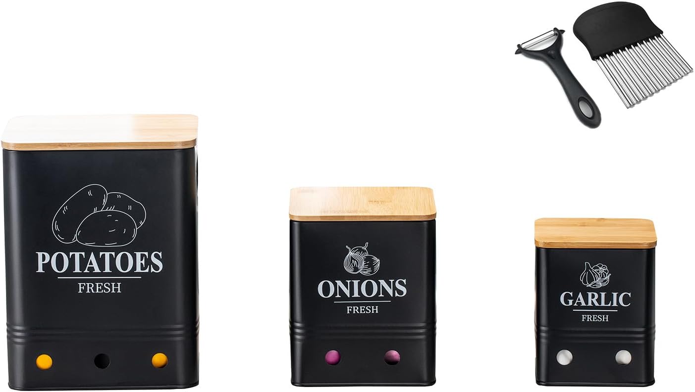 Kitchen Vegetable Storage Set of 3, Metal Onion Garlic Potato Jars Set, + 2 Stainless Steel Gadgets, Potato Onion Garlic Storage Set of 3 Ventilated Iron Canisters with Bamboo Lids-Black