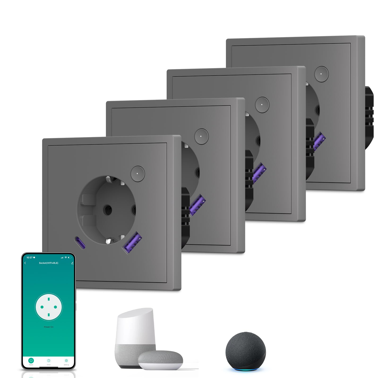 BSEED Enchufe Inteligente con 20W USB y Tipo C,Mate Enchufe Pared Wifi con Medidor Consumo,Control Remoto por APP & Voz,Requiere Cable Neutro,1 Enchufe,Blanco 86mm — view 9
