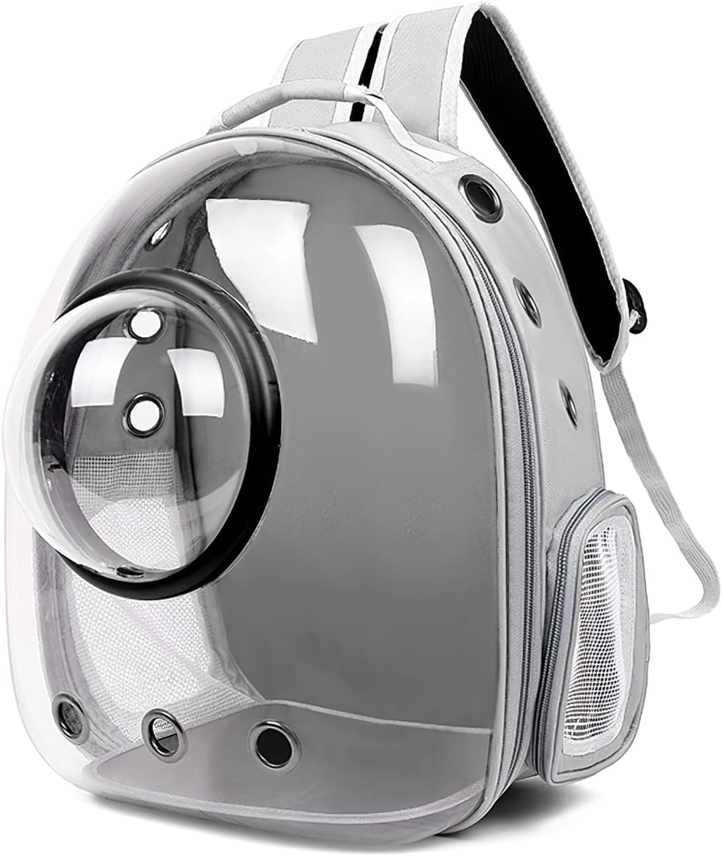 Mochila para Gatos, Mochila para Gatos Al Aire Libre, Mochila Impermeable Transparente para Perros, Mochila Mascotas con Cápsula De Espacio Ventilado(Gris, Cubierta Transparente)