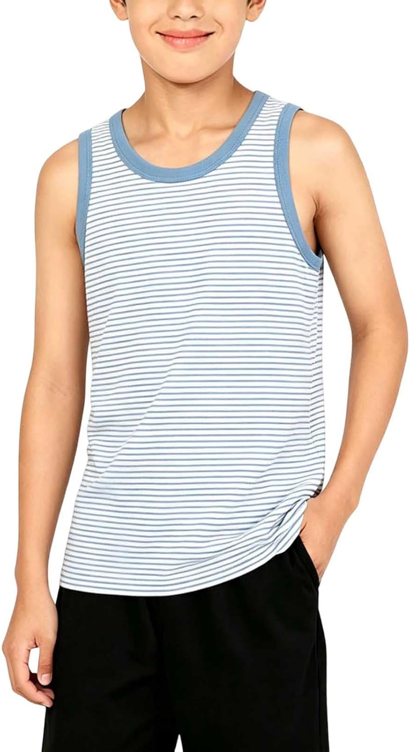 Boys Striped Tank Top Sleeveless Summer Shirt | Soft Stretch Knit With Crew Neck And Stripe Pattern For Warm Weather Play And Casual Outfits
