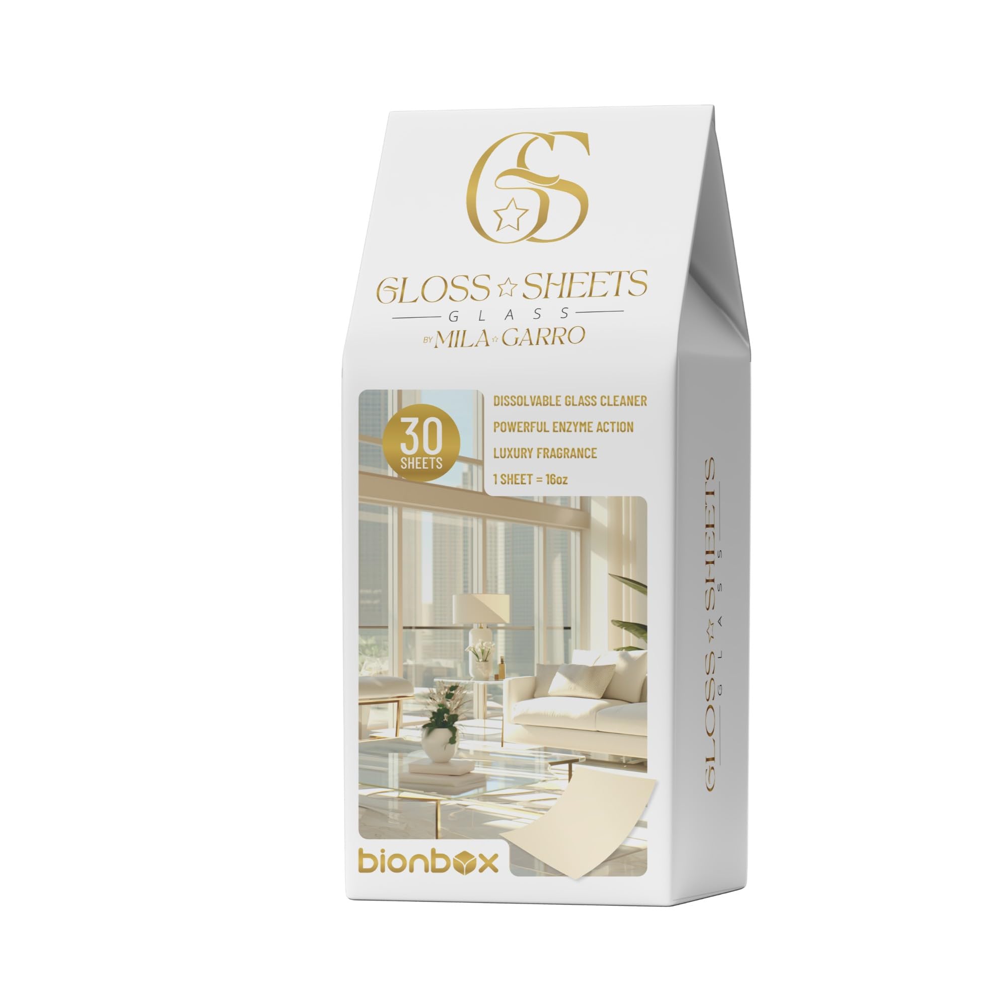 Bionbox Glass Cleaner by Mila Garro – Streak-Free Enzyme Formula – 30 Water Dissolvable Sheets (Makes 3.75 Gallons) – Window & Mirror Cleaning – Free 2 Microfiber Cloths