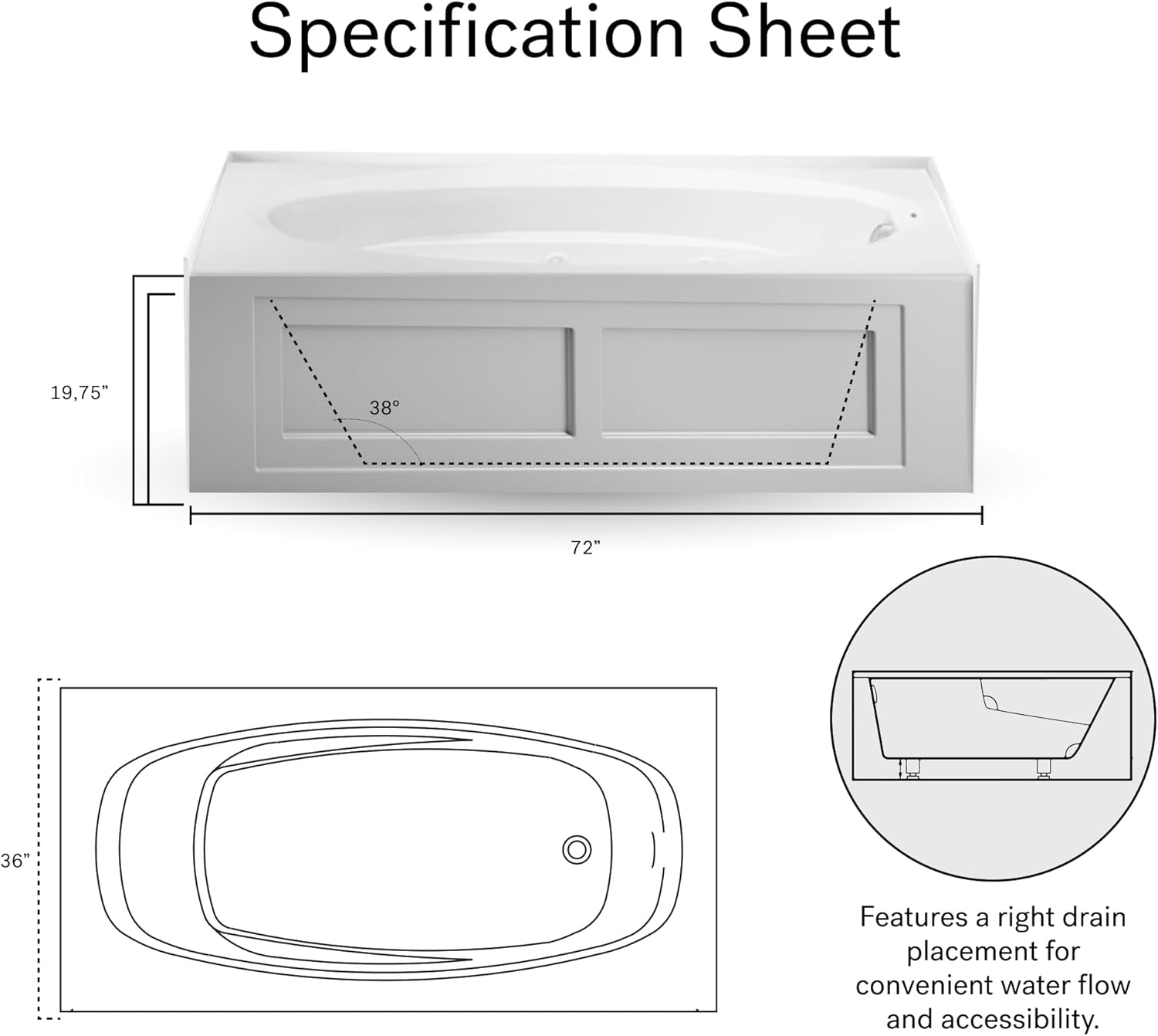 Jacuzzi SIGNATURE Acrylic Skirted Whirlpool Bathtub With Armrests, 72" (L) x 36" (W), Rectangle, Includes 6 Jet Massage, Tub for Homes & Businesses, Slip Resistant, Right Drain Placement, White