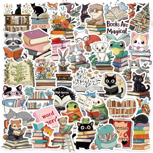50-Piece Bookish Animal Reading Stickers – Cute Animal Inspirational Quotes Decals for Book Lovers Gifts, Journals, Laptops, Scrapbooking, Kindle Case