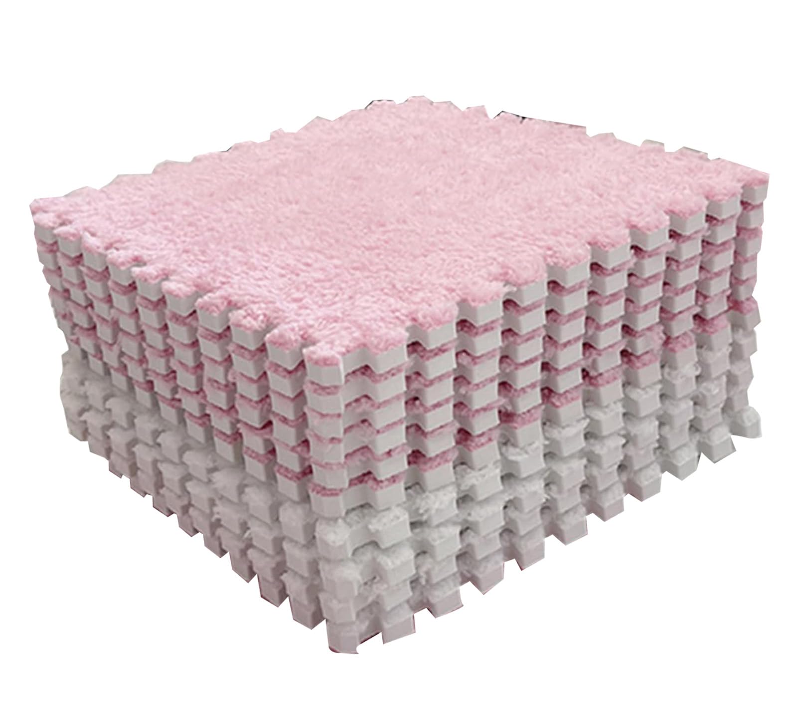 10PCS Plush Puzzle Foam Floor Mat, Soft Cuttable Square Rug Rugs Carpet Interlocking Foam Tiles Blocking Mats for Parlor Bedroom Decoration (Pink White)