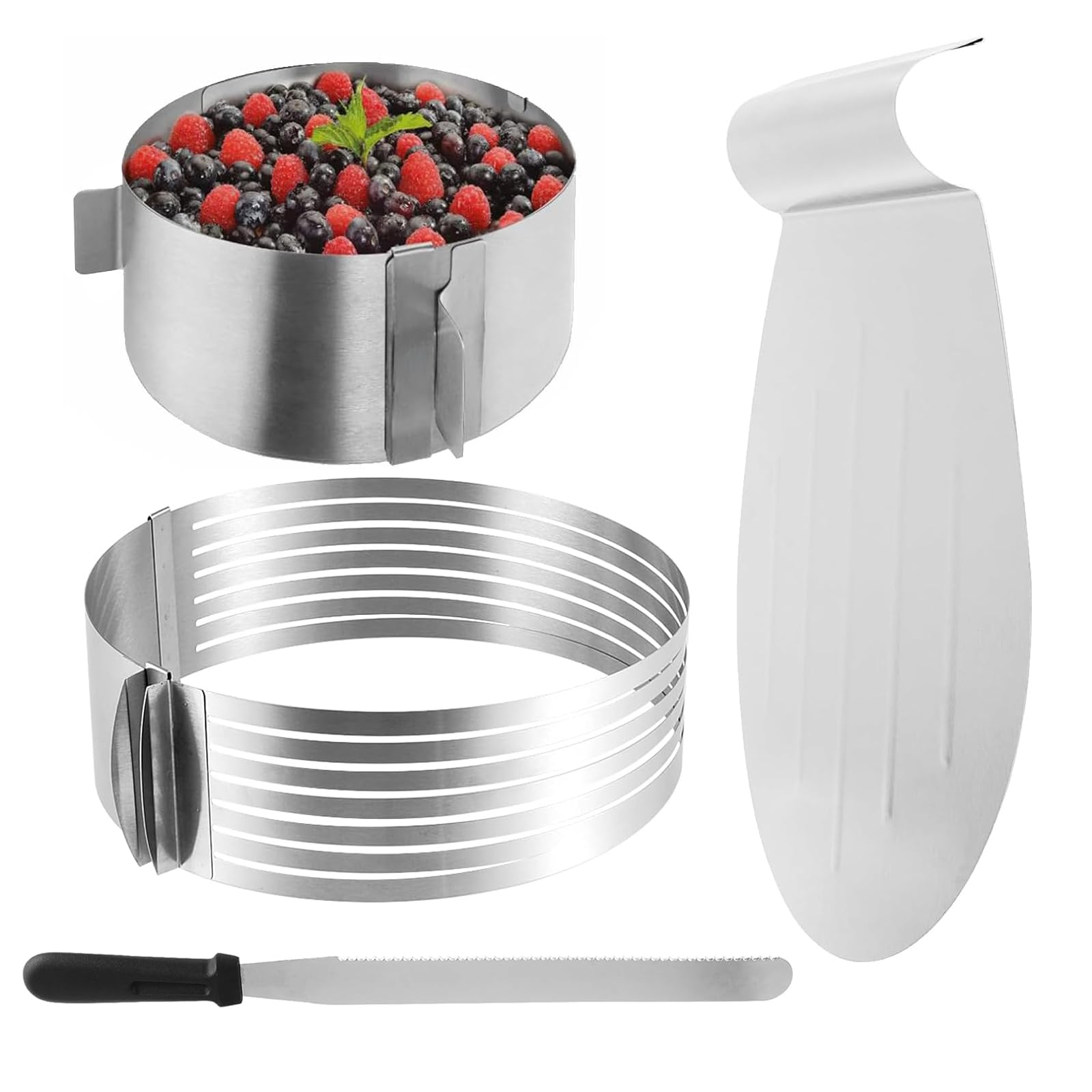 Set 4 Pezzi per Torte in Acciaio Inossidabile, Tagliatorta Regolabile 24-30 cm, Anello Regolabile 16-30 cm, Coltello da Pasticceria e Paletta