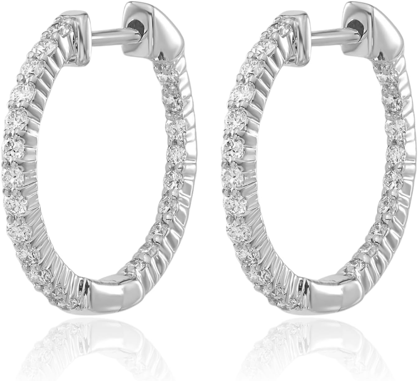 IceCarats 14K Solid White Gold 0.49 carat Diamond Medium In Out Hoop Earrings 18mm 3/4 inch Round Cut, Natural, Prong Set, Snap Back For Her