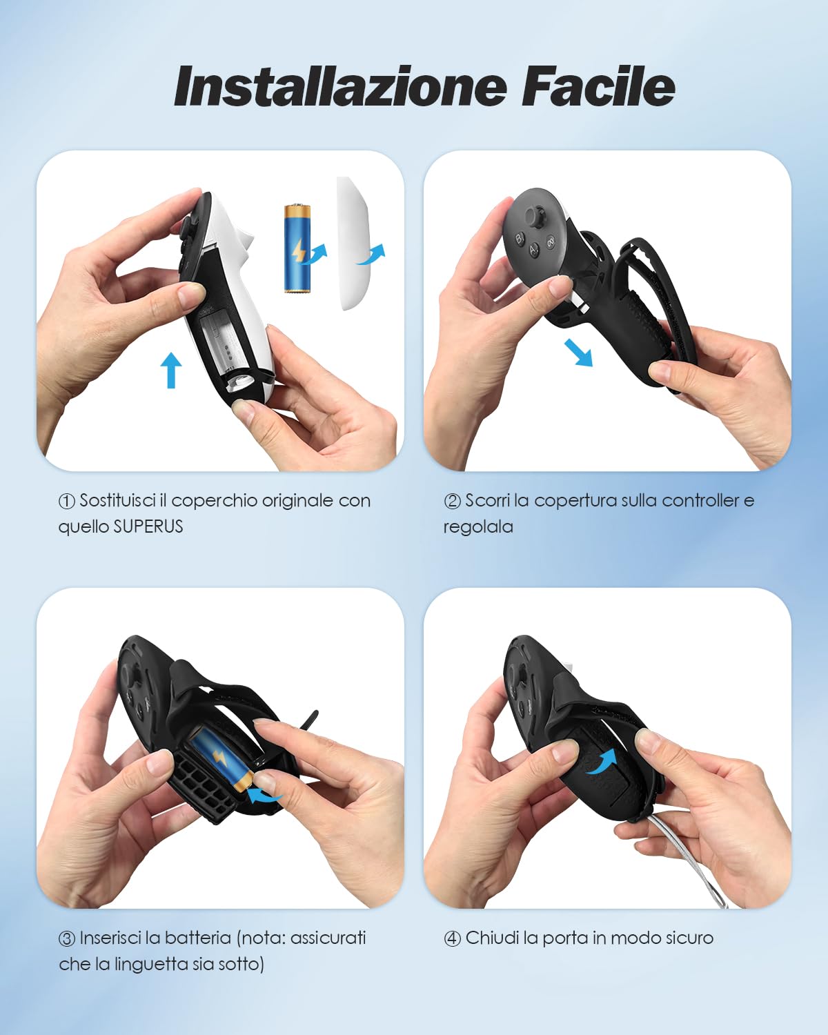 SUPERUS Aggiornate Coperture per Impugnature Controller per Meta Quest 3S/Quest 3 Accessori, Costruzione Interamente in Silicone, con Protezione di Apertura della Batteria e Cinturino alla Caviglia